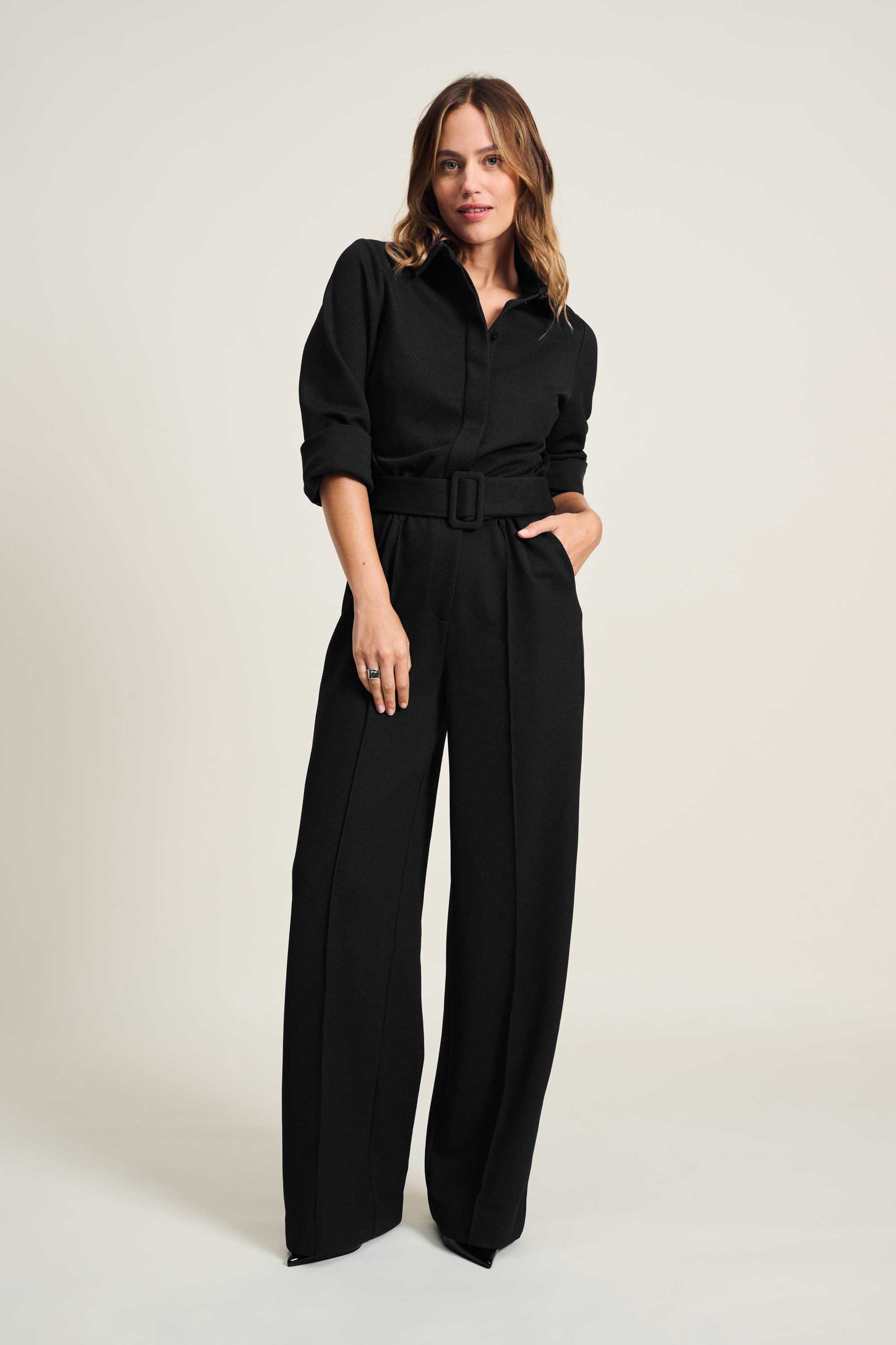 Black polyester jumpsuit on sale